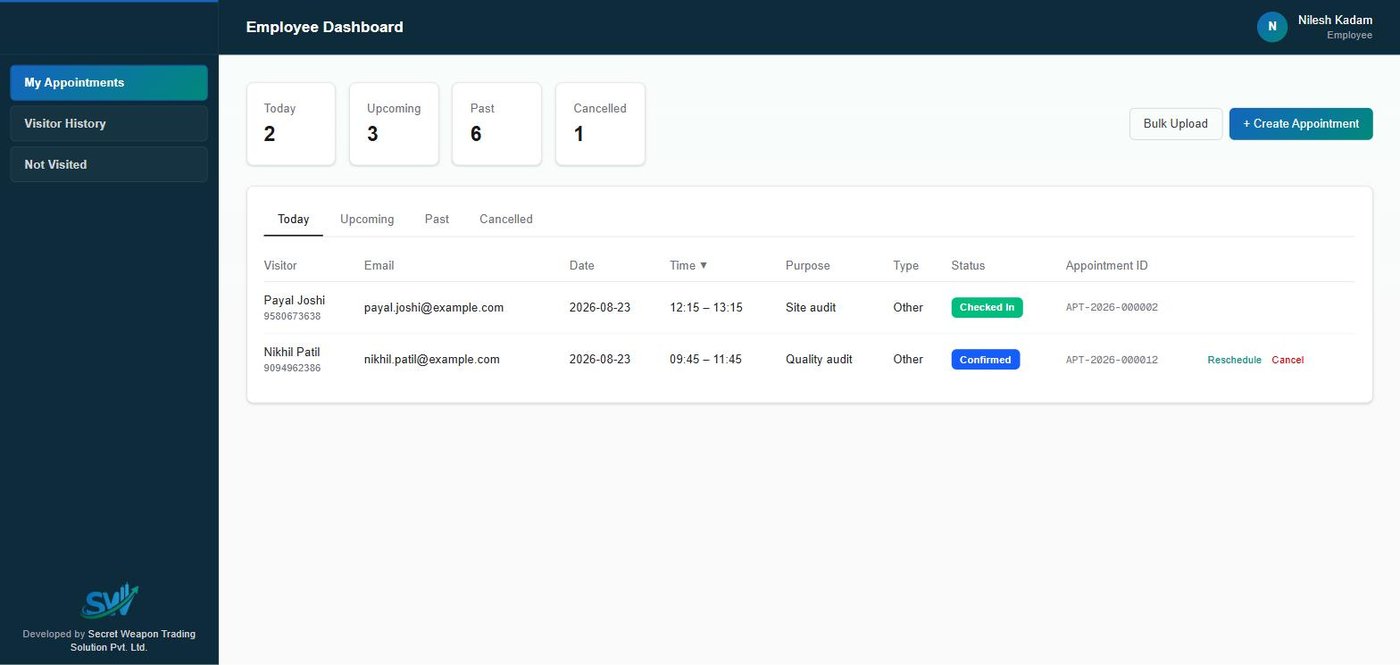 IVMS Employee Dashboard showing an employee's own booked visitors